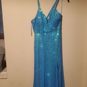 Morgan & Co. Shimmering Blue Backless Dress